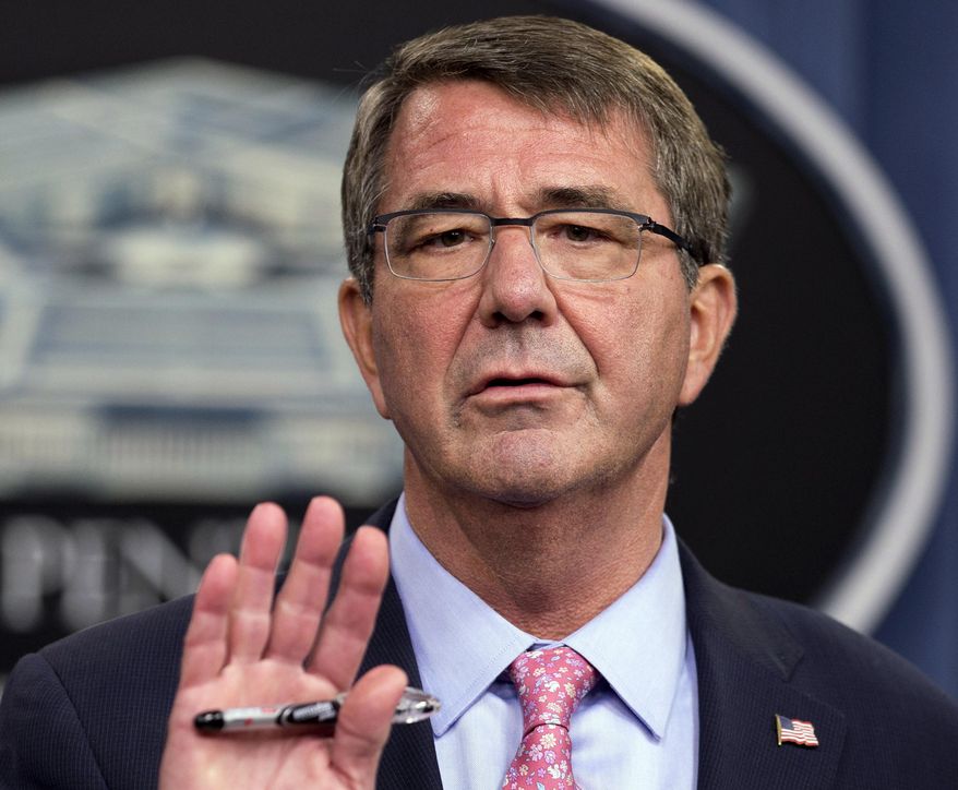In this Sept. 30, 2015, photo Defense Secretary Ash Carter speaks to reporters during a news conference at the Pentagon. Carter says the American soldier killed in the mission that rescued 70 hostages from an Islamic State prison in Iraq was a hero for rushing into a firefight to defend his Kurdish partners, even though the plan called for the Kurds to do the fighting on their own. On Oct. 23, Carter applauded 39-year-old Army Master Sgt. Joshua L. Wheeler of Roland, Oklahoma, who died of his wounds Oct. 22. (AP Photo/Manuel Balce Ceneta, File)