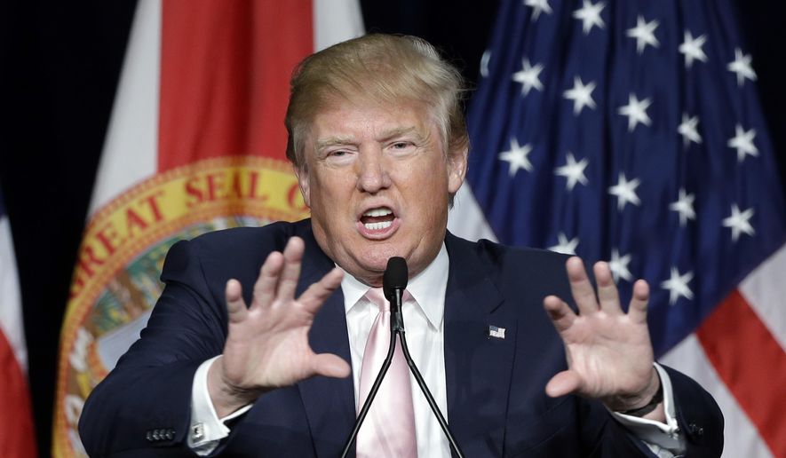 Republican presidential candidate Donald Trump gestures as he addresses supporters during a campaign stop at the Trump National Doral Miami resort, Friday, Oct. 23, 2015 in Doral, Fla.. (AP Photo/Alan Diaz)
