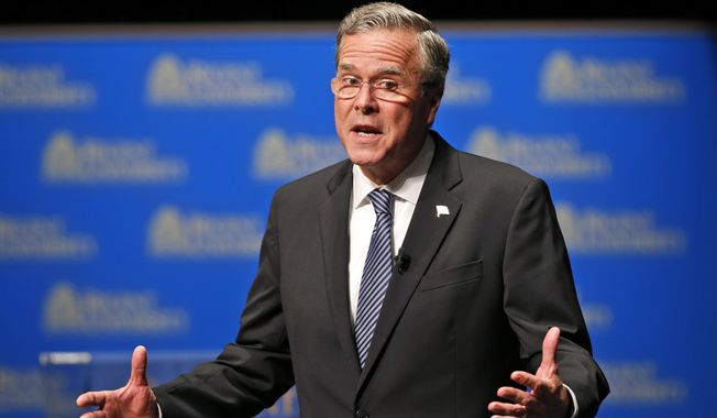 In this Oct. 23, 2015, photo, Republican presidential candidate Jeb Bush speaks during a Presidential candidate forum at Regent University in Virginia Beach, Va. For months, Jeb Bush’s campaign insisted it was too early. But with just over three months until primary voting gets underway in Iowa, and Bush still mired in the middle of the crowded GOP field, some supporters fear it could soon be too late. (AP Photo/Steve Helber)
