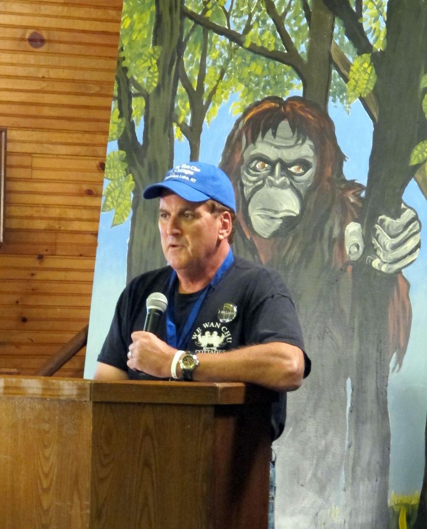Peter Wiemer delivers opening remarks at the 4th annual Chautauqua Lake Bigfoot Expo in Chautauqua, N.Y., Saturday, Oct. 24, 2015. Wiemer created the annual conference to increase tourism in the rural western New York county but has since met dozens of people who claim they have seen the legendary Sasquatch in Chautauqua and adjoining counties. (AP Photo/Carolyn Thompson)