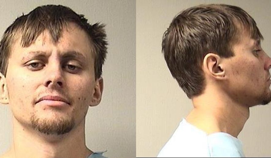 This undated booking photo combo provided by the Independence Police Department shows Shane Harrleson. Harrelson, who is accused of killing his mother by shooting her and attacking her with a bat and butcher knife, was tattooing the word "Mom" on his leg when he was arrested, according to court records released Monday, Oct. 26, 2015. (Independence Police Department via AP)
