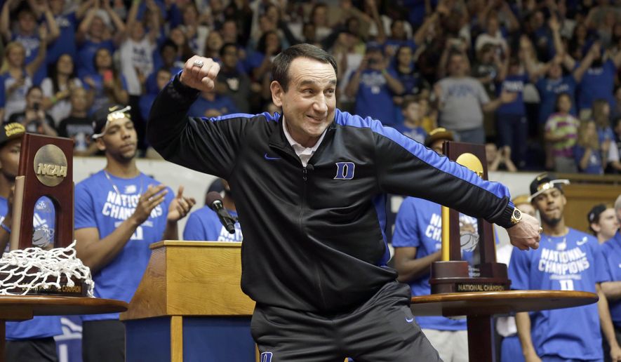 FILE - In this April, 2015 file photo, Duke coach Mike Krzyzewski reacts during a homecoming celebration for the national championship Duke basketball team at Cameron Indoor Stadium in Durham, N.C. Duke is coming off a run to the program&#39;s fifth NCAA championship but has a reshaped roster after losing three one-and-done talents to the NBA. (AP Photo/Gerry Broome, File)