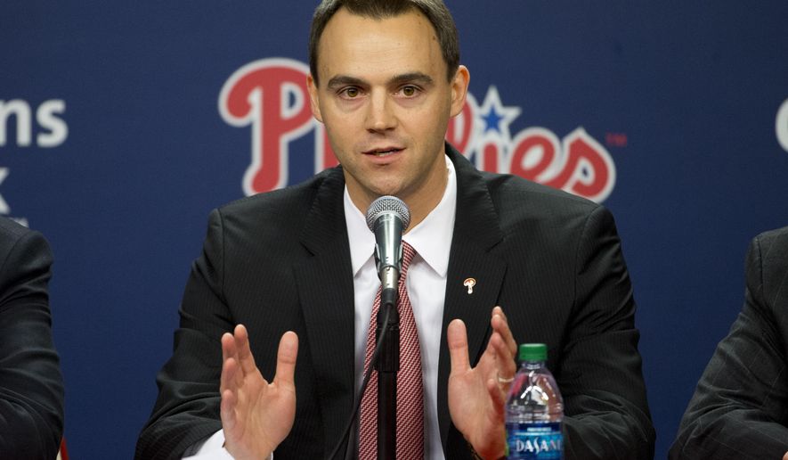 Philadelphia Phillies incoming general manager and vice president Matt Klentak speaks during a news conference Monday, Oct. 26, 2015, in Philadelphia. The 35-year-old Klentak becomes the youngest GM in team history. He had been the Angels assistant GM since November 2011. (AP Photo/Matt Rourke)