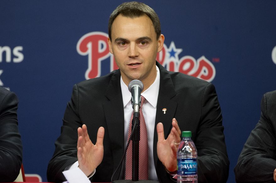 Philadelphia Phillies incoming general manager and vice president Matt Klentak speaks during a news conference Monday, Oct. 26, 2015, in Philadelphia. The 35-year-old Klentak becomes the youngest GM in team history. He had been the Angels assistant GM since November 2011. (AP Photo/Matt Rourke)