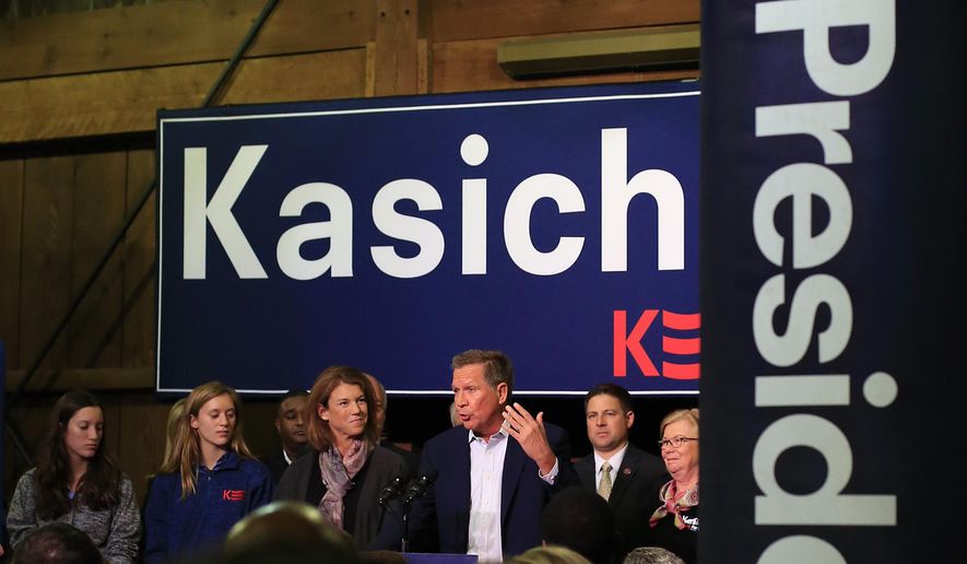 Republican presidential candidate Ohio Gov. John Kasich speaks to supporters during a rally at Everal Barn &amp;amp; Homestead in Westerville, Ohio, Tuesday, Oct. 27, 2015. Kasich plans to attend the third Republican presidential debate that takes place Wednesday night in Boulder, Colo. (Kyle Robertson/The Columbus Dispatch via AP) MANDATORY CREDIT