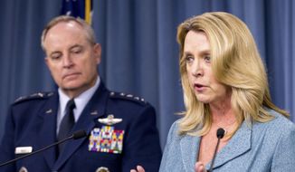 Air Force Secretary Deborah Lee James, accompanied by and Air Force Chief of Staff Gen. Mark Welsh III, announces that Northrop Grumman is awarded the US Air Force’s next-generation long range strike bomber contract at a news conference at the Pentagon, Tuesday, Oct. 27, 2015. (AP Photo/Andrew Harnik)