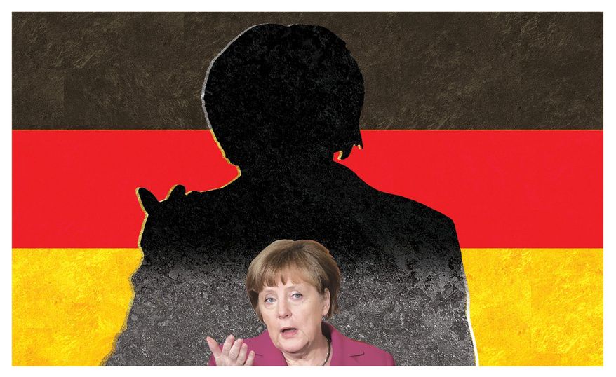 Illustration on Angela Merkel&#x27;s shrinking stature as leader of Germany by Alexander Hunter/The Washington Times