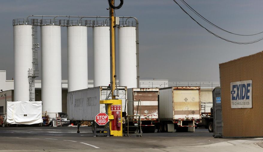 FILE - This March 10, 2015 file photo shows the Exide Technologies battery recycling plant in Vernon, Calif. Los Angeles County will spend $2 million to help speed the cleanup of contaminated soil around the plant that spewed toxic emissions for decades. The county Board of Supervisors, Tuesday, Oct. 27, 2015, approved the funding request by Supervisor Hilda Solis, after she accused the state of moving too slowly to clean up around the now-closed plant. Exide agreed in March to close the facility and pay $50 million for cleanup of the site and surrounding neighborhoods.(AP Photo/Nick Ut, File)
