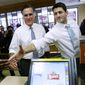 In this Nov. 6, 2012, file photo, then-Republican presidential candidate, former Massachusetts Gov. Mitt Romney and his vice presidential running mate, Rep. Paul Ryan, R-Wis., make an unscheduled stop at a Wendy&#39;s restaurant in Richmond Heights, Ohio. (AP Photo/Charles Dharapak, File)