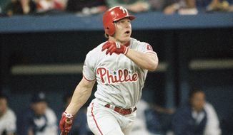 Philadelphia Phillies Lenny Dykstra watches his three-run homer fly during the seventh inning of Game 6 in the World Series against the Toronto Blue Jays Saturday, Oct. 23, 1993 at Sky Dome in Toronto. (AP Photo/John Swart)