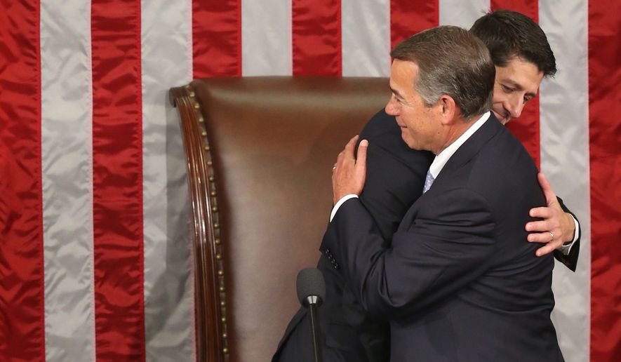 Then-outgoing House Speaker John Boehner of Ohio hugs his successor, Rep. Paul Ryan of Wisconsin, in the House Chamber on Thursday, Oct. 29. Mr. Ryan&#x27;s promotion may nix his White House dreams, as it&#x27;s been nearly two centuries since a House speaker has campaigned for and won the presidency. (Associated Press)