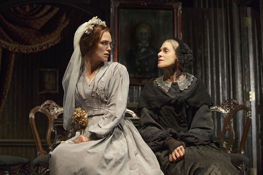 In this image released by Polk & Co., Keira Knightley, left, and Judith Light appear during a performance of "Therese Raquin," at the Studio 54 theater in New York. (Joan Marcus/Polk & Co. via AP)