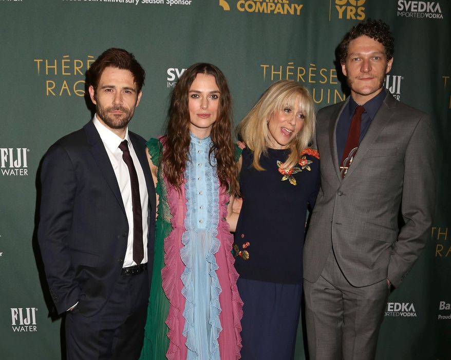 From left, Matt Ryan, Keira Knightley, Judith Light and Gabriel Ebert pose for photos after the Broadway opening night for "Therese Raquin" at Studio 54 on Thursday, Oct. 29, 2015, in New York. (Photo by Greg Allen/Invision/AP)