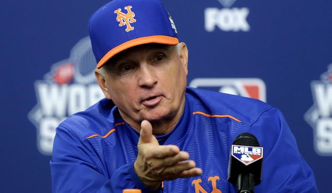 New York Mets manager Terry Collins talks during a news conference before Game 5 of the Major League Baseball World Series bagainst the Kansas City Royals Sunday, Nov. 1, 2015, in New York. (AP Photo/Frank Franklin II)