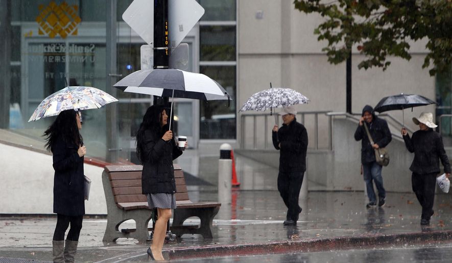 Umbrellas are out in force as pedestrians walk through the rain along San Fernando Street, Monday, Nov. 2, 2015, in downtown San Jose, Calif. The first winter-like storm of the season brought rain and snow to California on Monday, triggering traffic accidents including a 20-vehicle crash in the southern San Joaquin Valley. (Karl Mondon/Bay Area News Group via AP)
