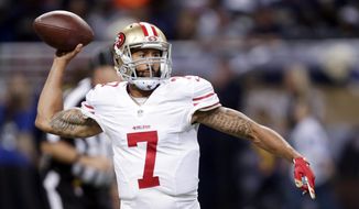 FILE - In this Nov. 1, 2015, file photo, San Francisco 49ers quarterback Colin Kaepernick throws during the first quarter of an NFL football game against the St. Louis Rams in St. Louis. A person with knowledge of the decision said quarterback Kaepernick has been told he won&#39;t start Sunday, Nov. 8, 2015, for the 49ers, replaced by backup Blaine Gabbert. The person spoke on condition of anonymity Monday, Nov. 2, 2015, because the decision wasn&#39;t to be discussed publicly. (AP Photo/Tom Gannam, File)