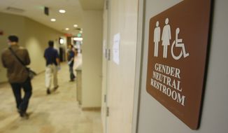 A sign marks the entrance to a gender neutral restroom at the University of Vermont in Burlington, Vt. (Associated Press)