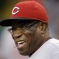 FILE - This Sept. 20, 2013,  file photo, shows then-Cincinnati Reds manager Dusty Baker (12) in the dugout before a baseball game against the Pittsburgh Pirates in Pittsburgh. The Washington Nationals say they have hired Dusty Baker as their manager. The team announced the move on Tuesday, Nov. 3, 2015.  (AP Photo/Gene J. Puskar, File)