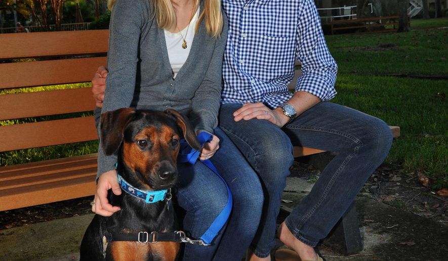 ADVANCE FOR THE WEEKEND OF NOV. 14-15 AND THEREAFTER - In a Thursday Oct. 29, 2015 photo, Todd Blake and his wife Maja pose for a photo with their one-year-old dog Louie near their Ponte Vedra Beach home. Just over a year ago Todd Blake had accepted that he would die from stage IV Hodgkin's lymphoma. Despite the diagnosis he had still gone to college, gotten married, got a puppy, and started a foundation called Live For Today, for young adults with cancer. After trying a new experimental drug he was just diagnosed as being free from cancer. (AP Photo/The Florida Times-Union, Bob Mack)