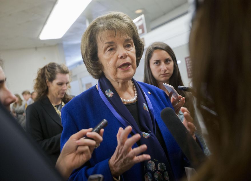 In this June 2, 2015 file photo, Sen. Dianne Feinstein, D-Calif. speaks with reporters on Capitol Hill in Washington. It was another round of Cruz vs. Feinstein. Republican presidential candidate Ted Cruz and five-term Democratic Sen. Dianne Feinstein engaged in a heated exchange on the Senate floor on Wednesday over &amp;quot;sanctuary cities&amp;quot; that shield residents from federal immigration authorities and over human rights in China. (AP Photo/Pablo Martinez Monsivais, File)
