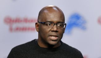 In this March 11, 2015, file photo, Detroit Lions general manager Martin Mayhew speaks in Allen Park, Mich. The Detroit Lions fired president Tom Lewand and Mayhew, Thursday, Nov. 5, 2015. (AP Photo/Paul Sancya) ** FILE **