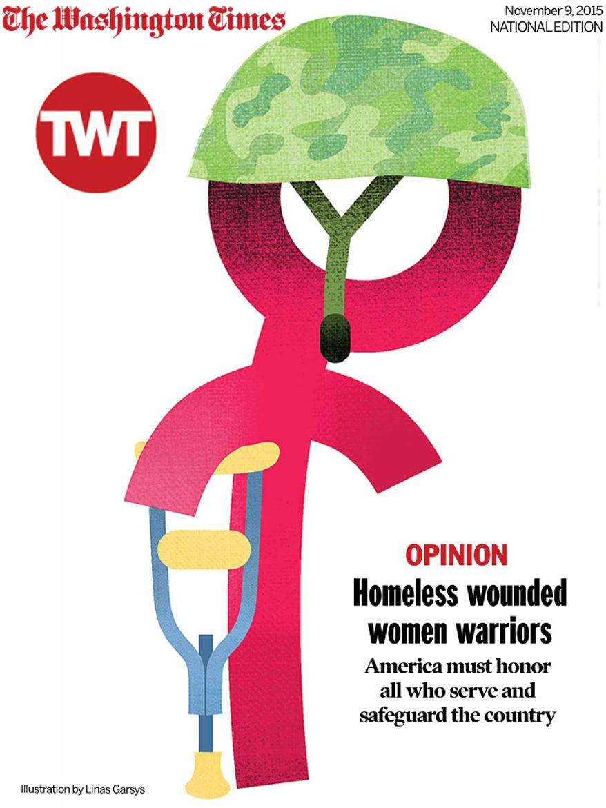 National Edition Opinion cover for November 9, 2015 - Homeless wounded women warriors (Illustration by Linas Garsys for The Washington Times)