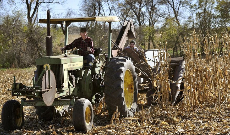 ADVANCE FOR SATURDAY, NOV. 7, 2015 - In this photo taken on Monday, Nov. 2, 2015, Don Magee, with his grandson Jacob Larsen in tow, uses his 1957 John Deere tractor and 1930's vintage Dearborn Woods Brothers one-row corn picker to harvest a row of corn east of Lincoln, Neb. (Eric Gregory /The Journal-Star via AP) LOCAL TELEVISION OUT; KOLN-TV OUT; KGIN-TV OUT; KLKN-TV OUT; MANDATORY CREDIT