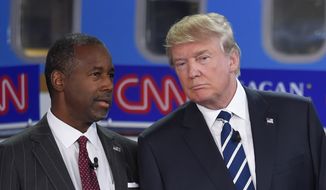 Republican presidential candidates Ben Carson, left, and Donald Trump talk before the start of the CNN Republican presidential debate at the Ronald Reagan Presidential Library and Museum on Wednesday, Sept. 16, 2015, in Simi Valley, Calif. (AP Photo/Mark J. Terrill) ** FILE **