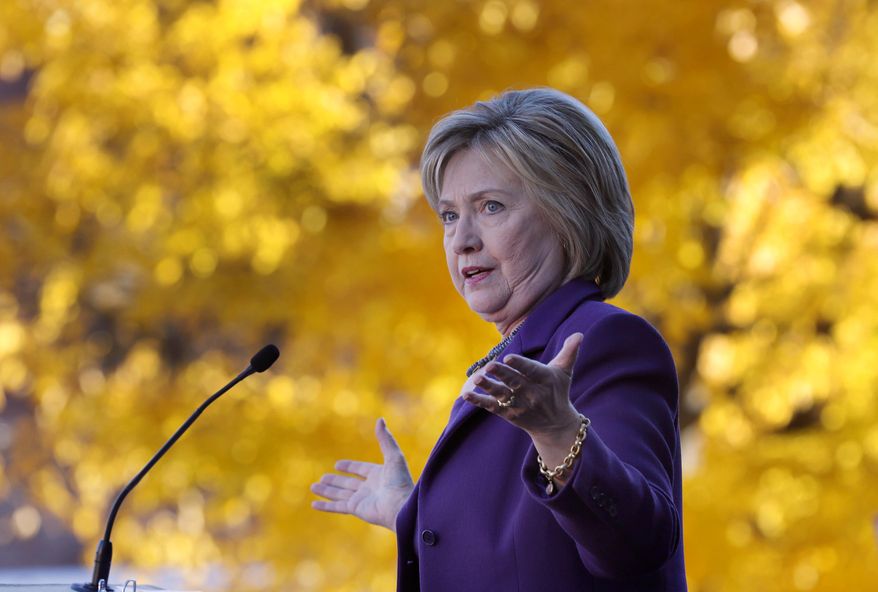 Democratic presidential candidate Hillary Rodham Clinton speaks to supporters after filing papers to be on the nation&#x27;s earliest presidential primary ballot, Monday, Nov. 9, 2015, in Concord, N.H. (AP Photo/Jim Cole) ** FILE **