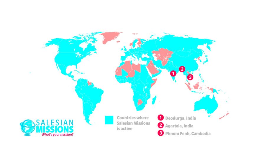 Salesian Missions offer services to at-risk youth and families in some 130 countries, including India and Cambodia, according to this 2012 map. (Photo courtesy of Salesian Missions and its MissionNewswire.org).