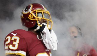 Washington Redskins cornerback DeAngelo Hall (23) waits in the tunnel for his introduction before an NFL football game against the St. Louis Rams in Landover, Md., Sunday, Sept. 20, 2015. (AP Photo/Mark Tenally)
