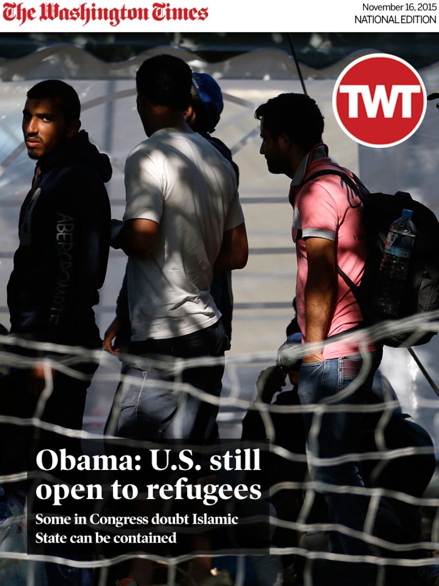 National Edition News cover for November 16, 2015 - Obama: U.S. still open to refugees : FILE - In this Monday, Aug. 24, 2015 file photo, migrants wait to register with the police in refugee center in the southern Serbian town of Presevo. Balkan authorities are tracking the travels of a man whose Syrian passport was found next to a dead suicide bomber at the national stadium in Paris, France, on Friday night following the terror attacks. Serbian police say he registered at its border entry with Macedonia on Oct. 7, but it is not clear whether the passport was real or fake. (AP Photo/Darko Vojinovic, File)