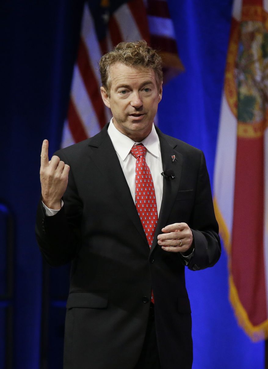Republican presidential candidate Sen. Rand Paul, R-KY, addresses the Sunshine Summit in Orlando, Fla., Saturday, Nov. 14, 2015. (AP Photo/John Raoux)