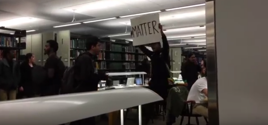 Roughly 150 Black Lives Matter protesters stormed a library at Dartmouth College in Hanover, New Hampshire, Thursday night to berate students studying there for their supposed racial privilege. (YouTube/@CampusReform)