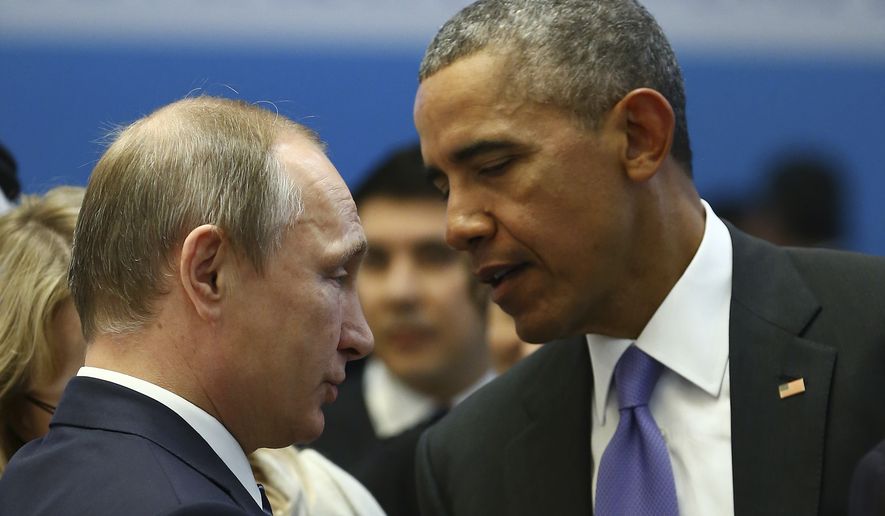 U.S. President Barack Obama , right, talks with Russian President Vladimir Putin, left, prior to a session of the G-20 Summit in Antalya, Turkey, Monday, Nov. 16, 2015. The leaders of the Group of 20 were wrapping up their two-day summit in Turkey Monday against the backdrop of heavy French bombardment of the Islamic State&#x27;s stronghold in Syria. The bombings marked a significant escalation of France&#x27;s role in the fight against the extremist group. (Kayhan Ozer/Anadolu Agency via AP, Pool)