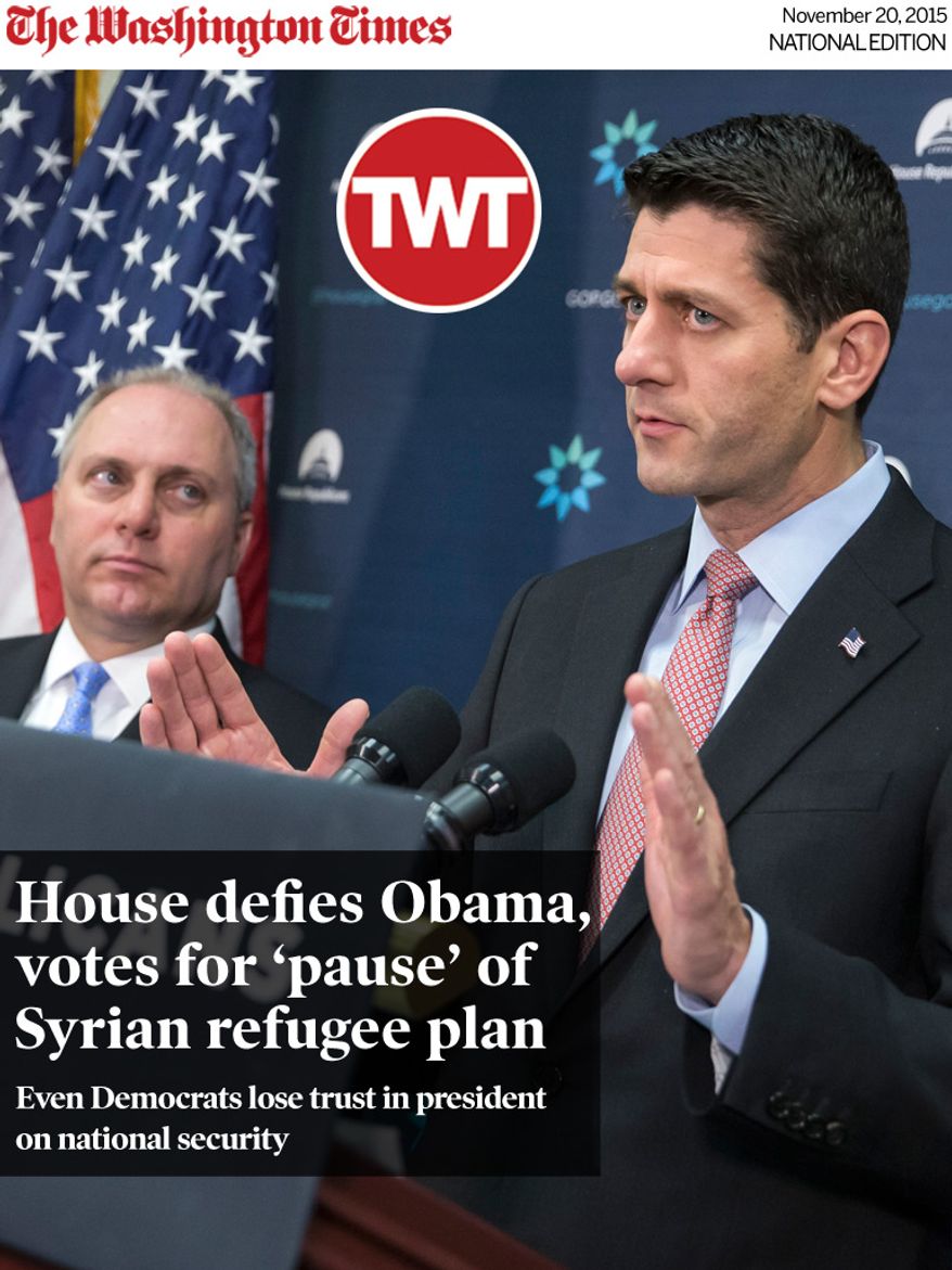 National Edition News cover for November 20, 2015 - House defies Obama, votes for ‘pause’ of Syrian refugee plan: House Speaker Paul Ryan of Wis., joined by House Majority Whip Steve Scalise of La., center, and Rep. Lynn Jenkins, R-Kansas, far left, meets with reporters on Capitol Hill in Washington, Tuesday, Nov. 17, 2015, following a GOP strategy session. Calling this a "moment where it's better to be safe than to be sorry," Speaker Ryan says there should be a "pause" in Syrian refugees coming to the U.S. in the wake of the Paris attacks, and has assembled a task force to bring legislation to a vote as soon as this week. (AP Photo/J. Scott Applewhite)
