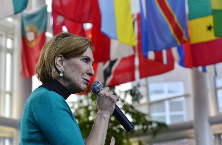 Republican presidential candidate Carly Fiorina addresses a room full of people at Keene State College's student union, Wednesday, Nov. 18, 2015, in Keene. N.H. (Kristopher Radder/The Brattleboro Reformer via AP)
