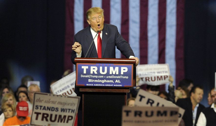 Republican presidential candidate Donald Trump speaks during a campaign stop Saturday, Nov. 21, 2015, in Birmingham, Ala. (AP Photo/Eric Schultz) ** FILE **