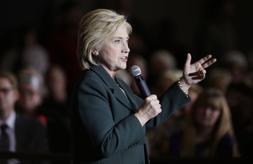 Democratic presidential candidate Hillary Rodham Clinton speaks during a town hall meeting Sunday, Nov. 22, 2015, in Clinton, Iowa. (AP Photo/Charlie Neibergall) ** FILE **