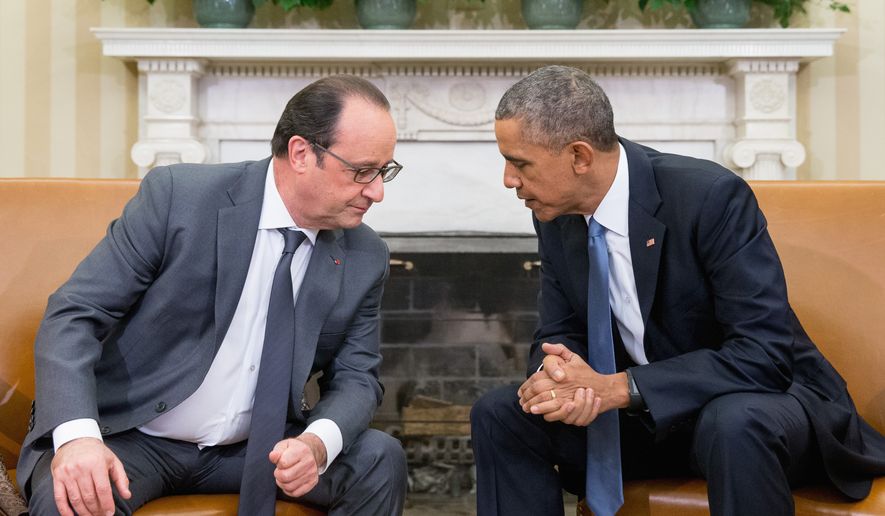 President Barack Obama meets with President Francois Hollande of France in the Oval Office of the White House in Washington, Tuesday, Nov. 24, 2015. Hollande&#x27;s visit to Washington is part of a diplomatic offensive to get the international community to bolster the campaign against the Islamic State militants. ({credit} Photo/{photog})