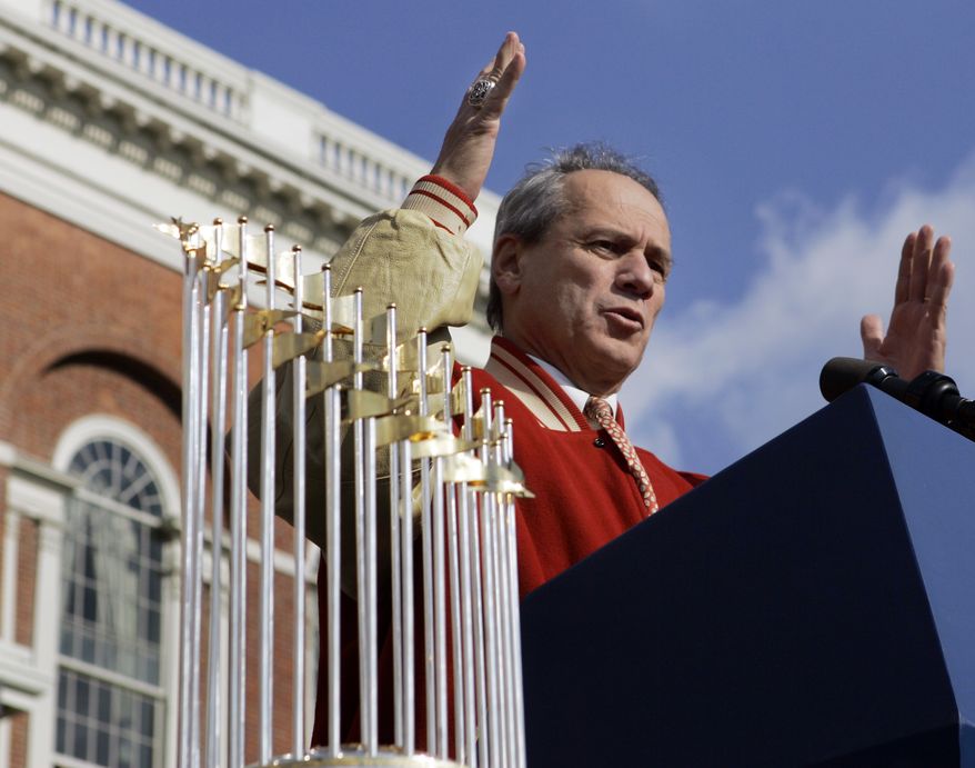 Boston Red Sox President Larry Lucchino speaks at the Statehouse in Boston Wednesday, Oct. 31, 2007 during a ceremony celebrating the Boston Red Sox' World Series victory against the Colorado Rockies. (AP Photo/Elise Amendola)