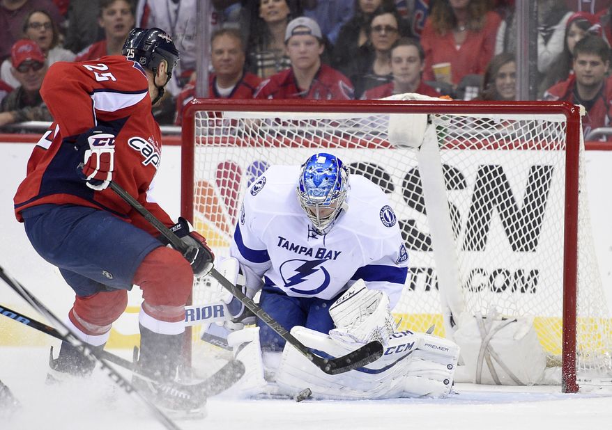 Tampa Bay Lightning goalie Andrei Vasilevskiy (88), of Russia, stops the puck against Washington Capitals left wing Jason Chimera (25) during the first period of an NHL hockey game, Friday, Nov. 27, 2015, in Washington. (AP Photo/Nick Wass)