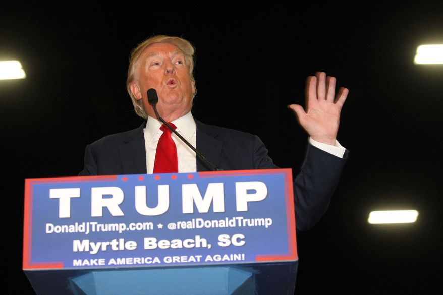 Republican presidential candidate Donald Trump speaks during a campaign event at the Myrtle Beach Convention Center in Myrtle Beach, S.C., on Nov. 24, 2015. (Associated Press) **FILE**