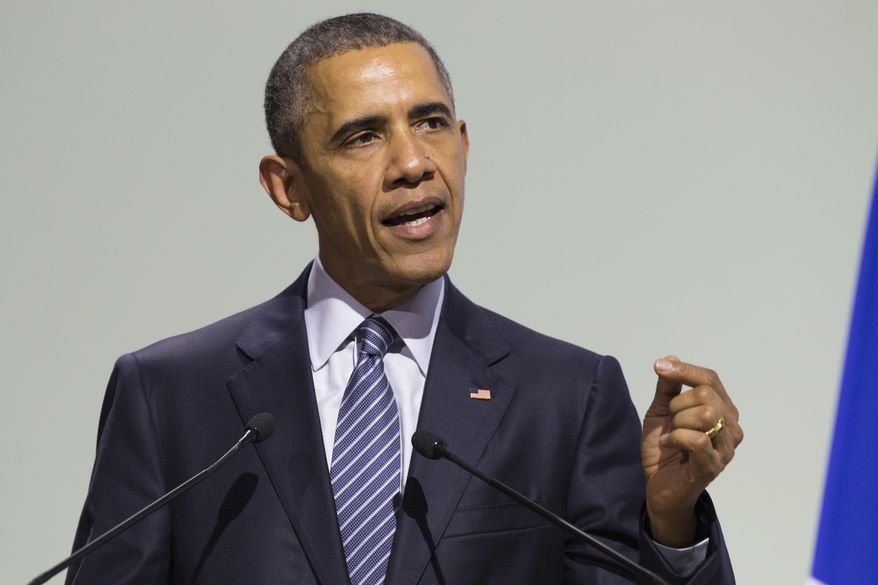 U.S. President Barack Obama delivers remarks during the COP21, United Nations Climate Change Conference, in Le Bourget, outside Paris, on Monday, Nov. 30, 2015. (AP Photo/Evan Vucci)