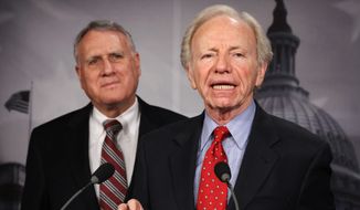 Former Sens. Jon Kyl (left) and Joe Lieberman are releasing a report, &quot;Why American Leadership Still Matters,&quot; through the American Enterprise Institute. They point to developments around the world over the past two years to show &quot;just how much is at stake when America pulls back.&quot; (Associated Press)