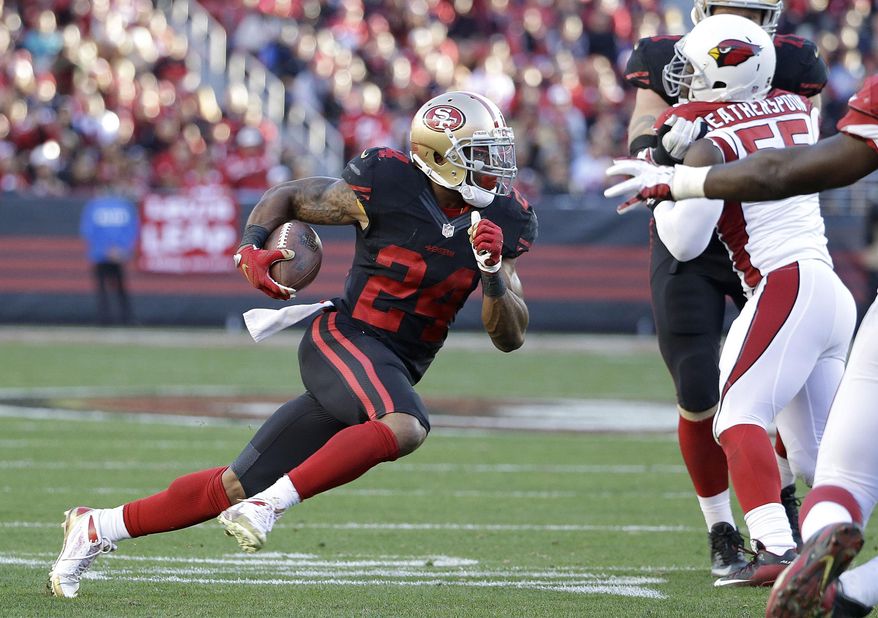 FILE - In this Nov. 29, 2015, file photo, San Francisco 49ers running back Shaun Draughn (24) runs against the Arizona Cardinals during the second half of an NFL football game in Santa Clara, Calif. In a year of sweeping changes for the San Francisco 49ers, few could have envisioned journeyman running back Shaun Draughn leading the way for the ground game down the stretch this season. Draughn sure showed up at the perfect time, joining his eighth organization in five years. (AP Photo/Marcio Jose Sanchez, File)