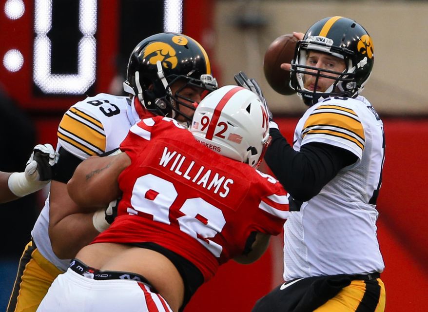 Iowa quarterback C.J. Beathard (16) looks to throw as offensive lineman Austin Blythe (63) blocks Nebraska defensive tackle Kevin Williams (92) during the first half of an NCAA college football game in Lincoln, Neb., Friday, Nov. 27, 2015. (AP Photo/Nati Harnik)