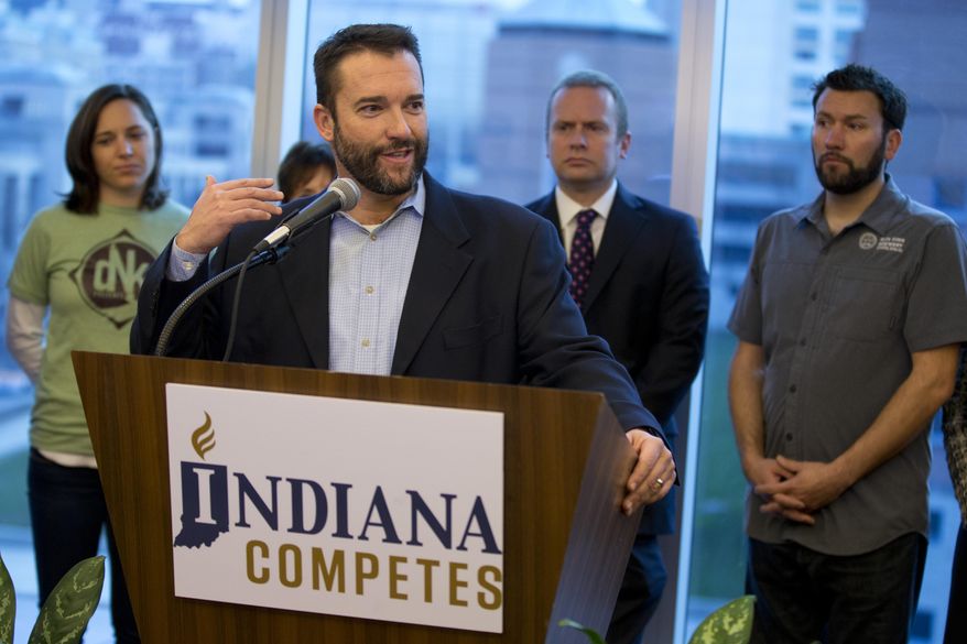 Doug Dayhoff, president of Upland Brewing Company, speaks during a news conference in Indianapolis, Wednesday, Dec. 2, 2015 as part of a coalition of Indiana business leaders as they launch a campaign in support of extending Indiana's civil rights protections based on sexual orientation or gender identity. That issue is expected to be at the forefront of the state legislative session that starts in early January. (AP Photo/Michael Conroy)