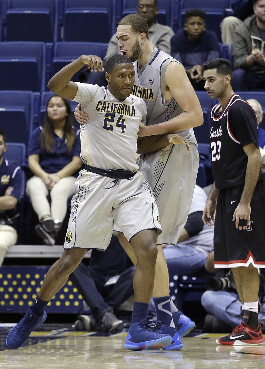 California guard Jordan Mathews (24) celebrates with center Kameron Rooks after scoring in front of Seattle guard Manroop Clair, right, during the second half of an NCAA college basketball game in Berkeley, Calif., Tuesday, Dec. 1, 2015. California won 66-52. (AP Photo/Jeff Chiu)