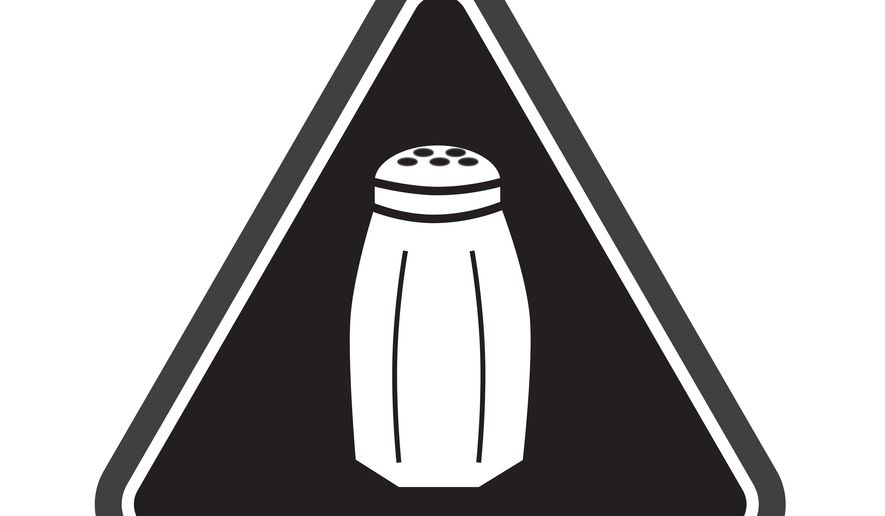 FILE - In this undated image released earlier this year by the New York City Health Department, a graphic warning NYC consumers of high salt content in foods that is now required on menus at many fast-food and chain restaurants is already headed for a court fight. The National Restaurant Association says it filed a lawsuit in Manhattan on Thursday, two days after the first-of-its-kind rule took effect. The rule requires chain restaurants to put the salt-shaker icon on menu items that top the recommended daily limit of 2,300 milligrams of sodium, about a teaspoon of salt. (Antonio D'Angelo/New York City Health Department via AP)